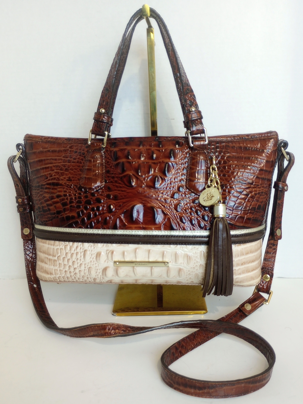 Brahmin Pecan Eastwood Mini Asher, Croc Embossed Leather Crossbody Satchel Bag